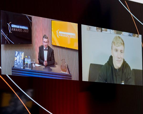 Gisli Kristjansson (re) war bei der Gala der German Handball Awards per Video zugeschaltet.